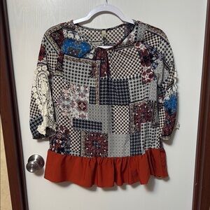 Pomelo Girl’s Patchwork Peasant Top with Lace Sleeves Size L